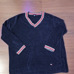 Tommy Hilfiger Navy V-Neck Sweater with Red & White Stripe Trim